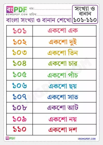 Free Bengali Numbers Spellings 101 to 110 Worksheet PDF Download