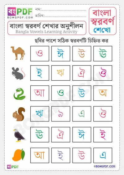 Free Bengali Vowels Activity Worksheet Download