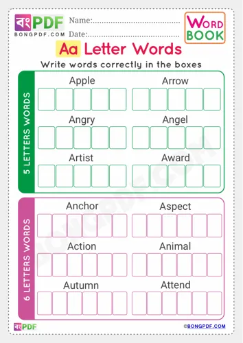 Free Learn Alphabet A English Words Worksheet Download