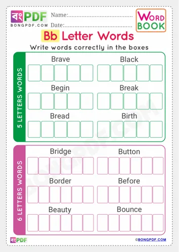 Free Learn Alphabet B English Words Worksheet Download
