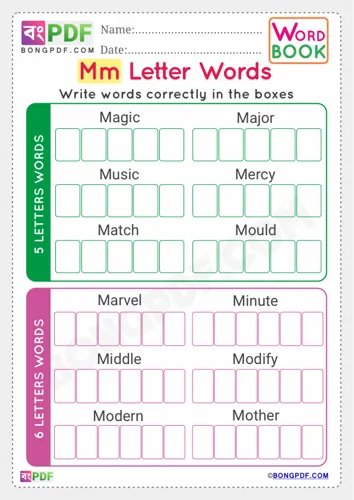 Free Learn Alphabet M English Words Worksheet Download