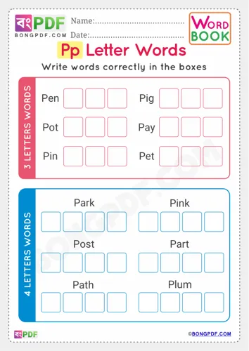 Free Learn Alphabet P English Words Worksheet Download