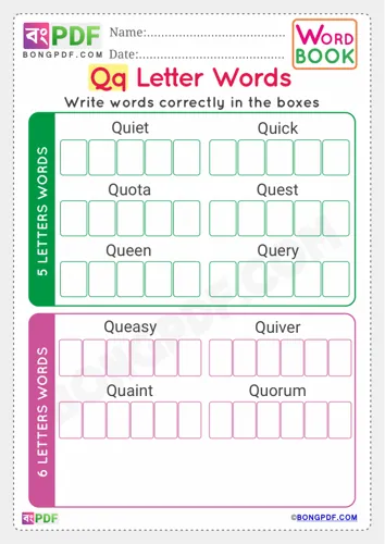 Free Learn Alphabet Q English Words Worksheet Download