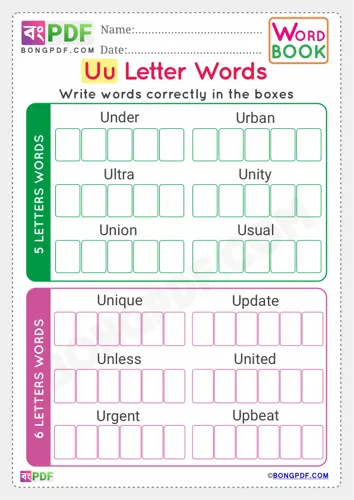Free Learn Alphabet U English Words Worksheet Download