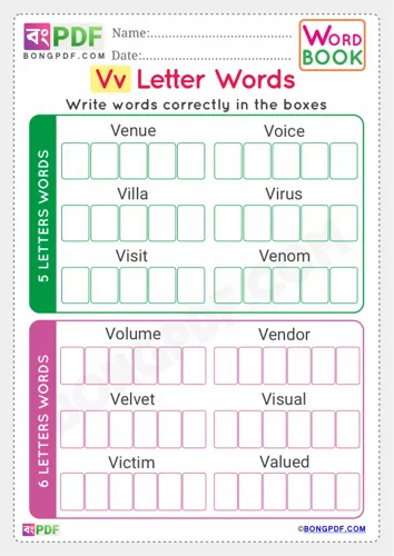 Free Learn Alphabet V English Words Worksheet Download