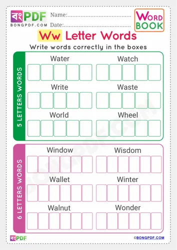 Free Learn Alphabet W English Words Worksheet Download
