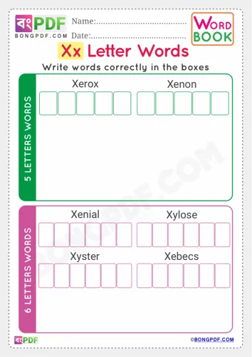 Free Learn Alphabet X English Words Worksheet Download