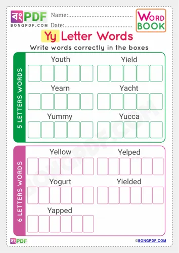 Free Learn Alphabet Y English Words Worksheet Download