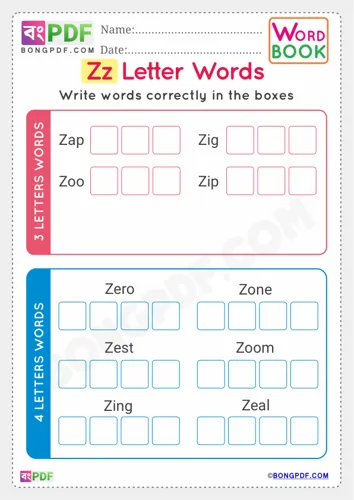Free Learn Alphabet Z English Words Worksheet Download
