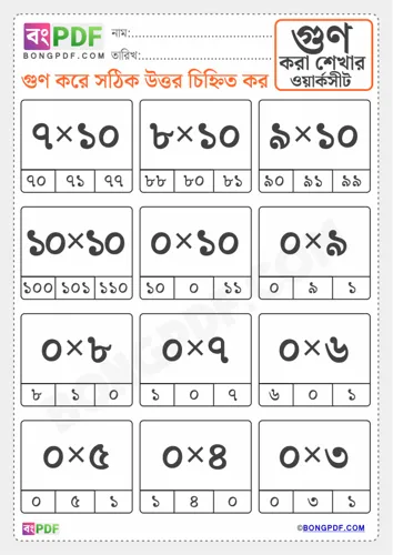 Free Learn Bangla Numbers Multiplication Worksheet Download