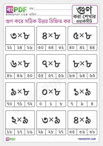 Free Learn Bengali Numbers Multiplication Worksheet Download