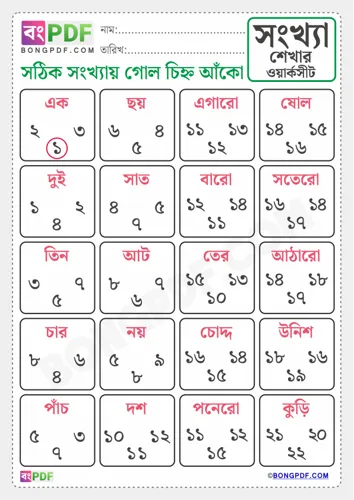 Free Learn Circle Correct Number Bengali Worksheet Download