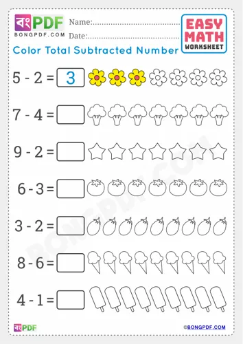 Free Learn Color Total Subtracted Numbers English Worksheet Download
