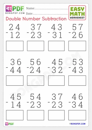 Free Learn Double Numbers Subtraction English Worksheet Download