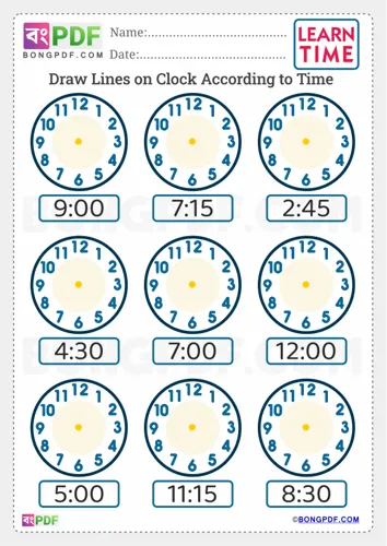 Free Learn Draw Hands On Clock English Worksheet Download