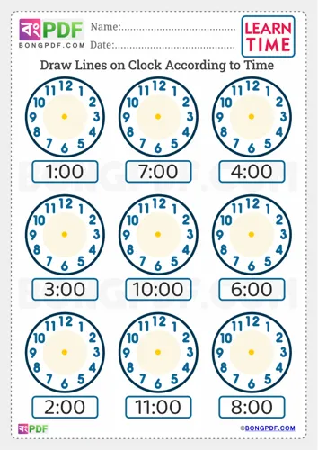 Free Learn Draw Hands On Clock English Worksheet Download