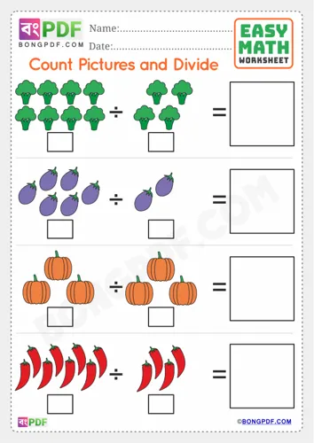 Free Learn English Numbers Pictures Division Worksheet Download