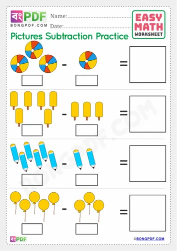 Free Learn English Numbers Pictures Subtraction Worksheet Download