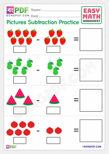 Free Learn English Numbers Pictures Subtraction Worksheet Download
