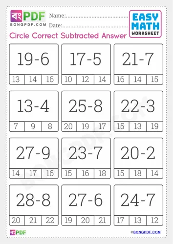 Free Learn English Numbers Subtraction Worksheet Download