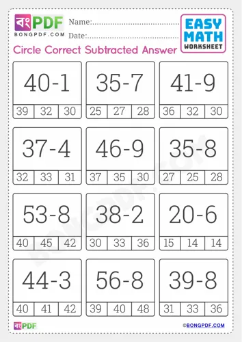 Free Learn English Numbers Subtraction Worksheet Download
