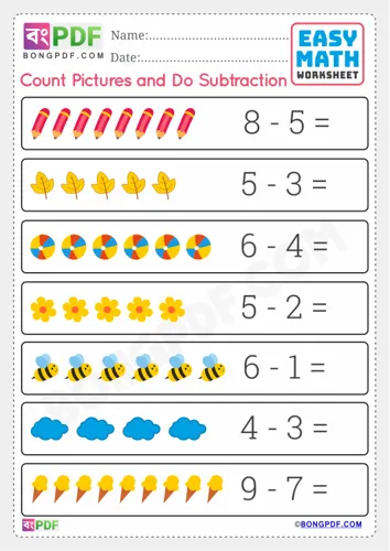 Free Learn English Subtraction By Pictures Worksheet Download