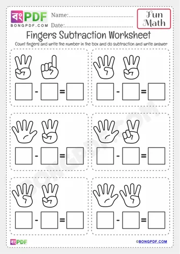 Free Learn Fingers Subtraction Worksheet Download