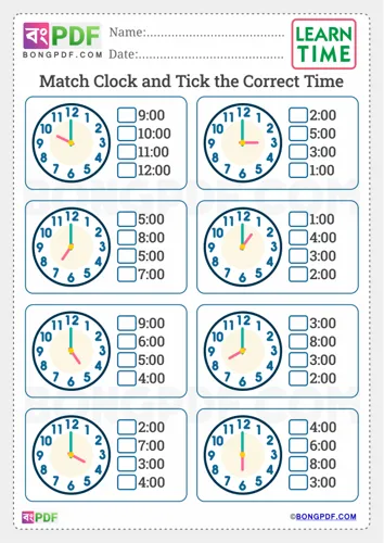Free Learn Match Clock Tick Correct Time English Worksheet Download