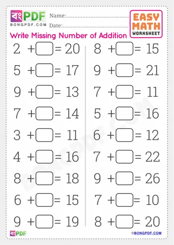Free Learn Missing Numbers Addition English Worksheet Download