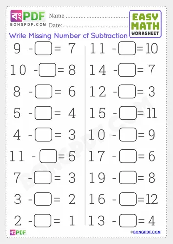 Missing numbers subtraction english