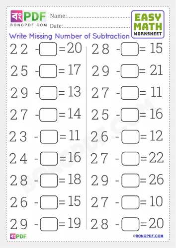 Free Learn Missing Numbers Subtraction English Worksheet Download