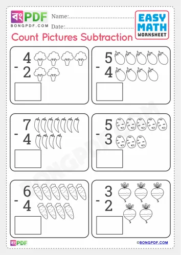 Free Learn Pictures Subtraction English Numbers Worksheet Download