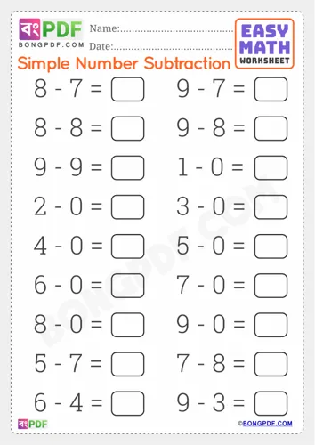 Free Learn Simple English Subtraction Worksheet Download