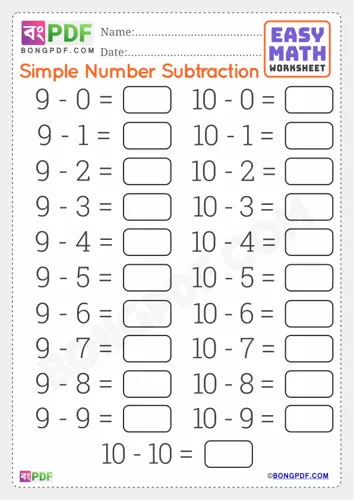 Free Learn Simple English Subtraction Worksheet Download