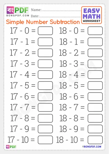 Free Learn Simple English Subtraction Worksheet Download