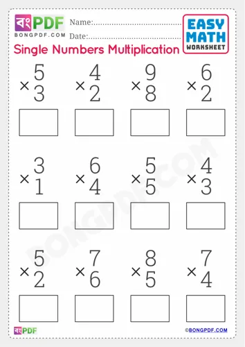 Free Learn Single Number Multiplication English Worksheet Download