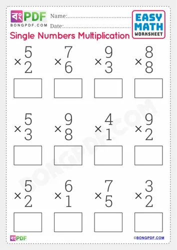 Free Learn Single Number Multiplication English Worksheet Download