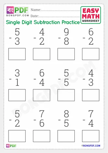 Free Learn Single Number Subtraction English Worksheet Download
