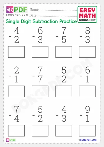 Free Learn Single Number Subtraction English Worksheet Download