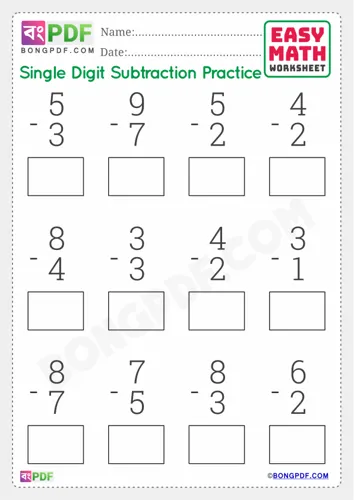 Free Learn Single Number Subtraction English Worksheet Download