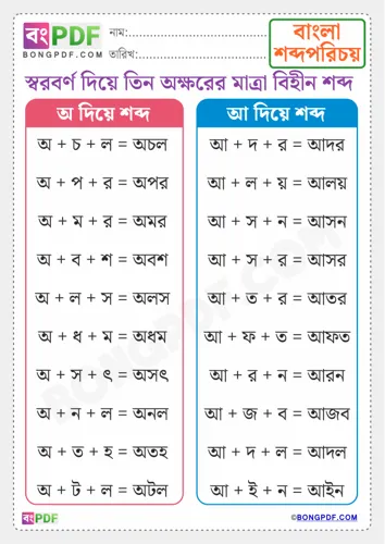 Free Learn Three Letters Bengali Vowels Words Worksheet Download
