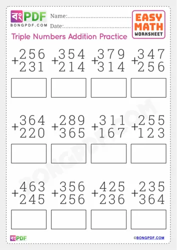Free Learn Triple Numbers Addition English Worksheet Download
