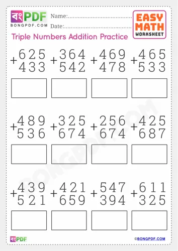 Free Learn Triple Numbers Addition English Worksheet Download