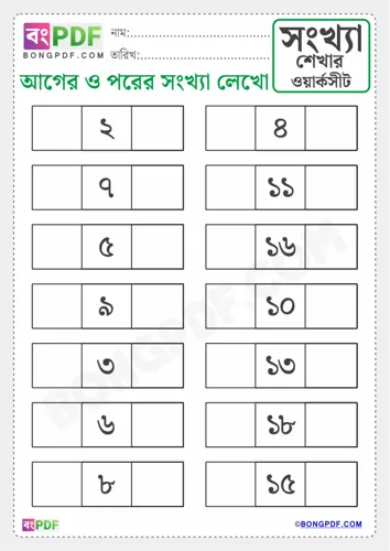 Write Before and After Numbers Bengali Worksheets