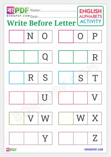 Free Learn Write Before English Alphabets Worksheet Download