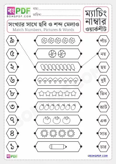 Free Match Pictures Numbers and Words Bengali Worksheet Download