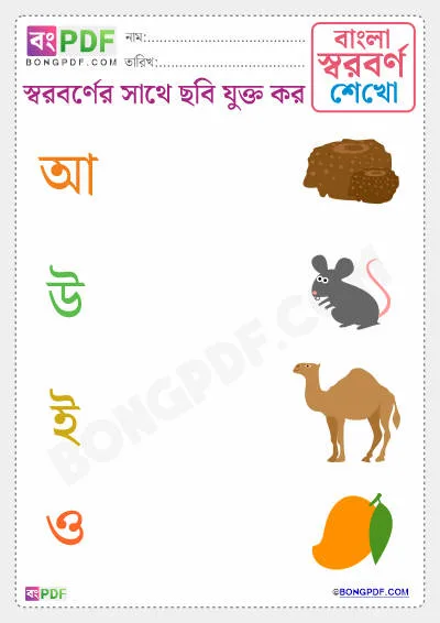 Free Match Vowels to Pictures Bengali Worksheet PDF Download