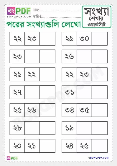 Free Write After Numbers Bengali PDF Worksheet Download