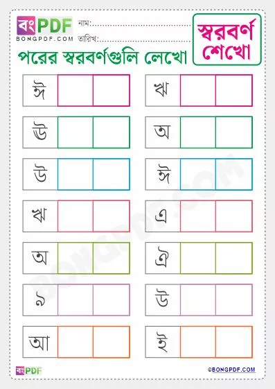 Free Write After Swarabarna Bengali PDF Worksheet Download