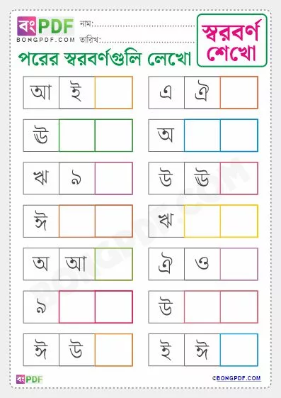 Free Write After Swarabarna Bengali Worksheet PDF Download